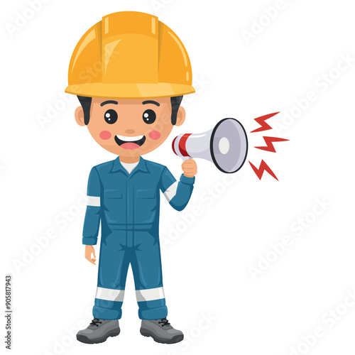 Industrial mechanic worker making an announcement with a megaphone. Supervisor engineer with his coverall and personal protective equipment. Industrial safety and occupational health at work