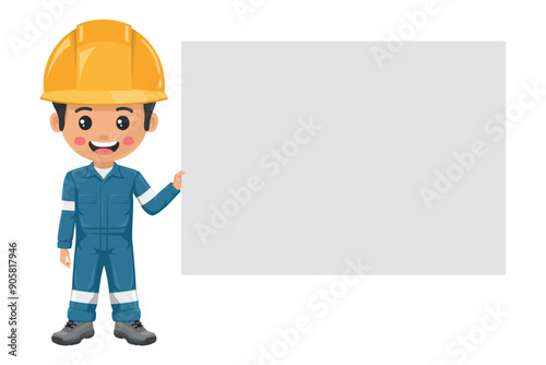 Industrial mechanic worker with his personal protective equipment holding a sign with space for text for advertising, presentations, brochures. Industrial safety and occupational health at work