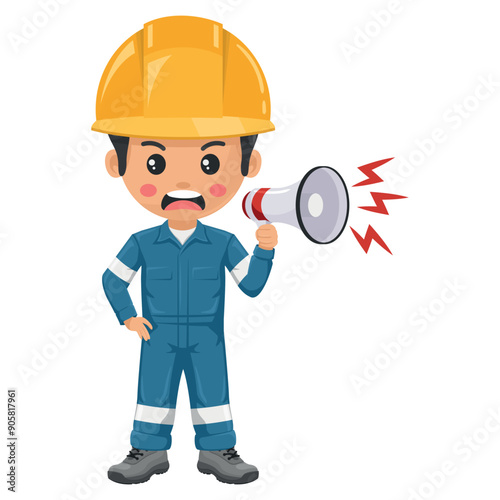 Annoyed industrial mechanic worker making an announcement with a megaphone. Supervisor engineer with his coverall and personal protective equipment. Industrial safety and occupational health at work