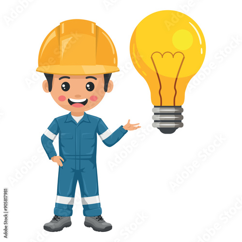 Industrial mechanic worker with a giant light bulb. Supervisor engineer with his coverall and personal protective equipment with creative idea symbol. Industrial safety and occupational health at work