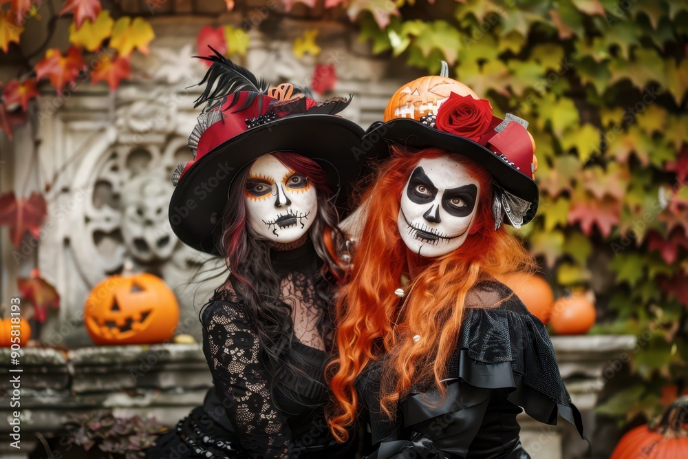 Fototapeta premium Halloween Celebration With Friends in Costumes and Painted Faces