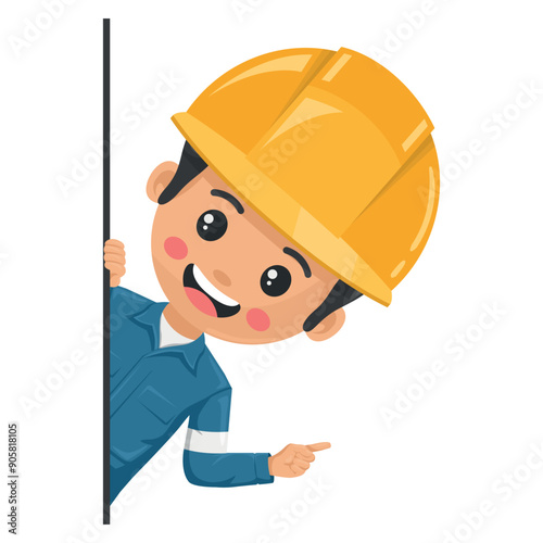 Industrial mechanical worker peeking out from behind a wall pointing finger. Express an idea and indicate it with the index finger. Industrial safety and occupational health at work