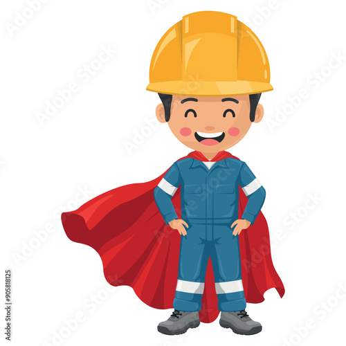 Industrial mechanical worker wearing his superhero cape. Supervisor engineer with his coverall and personal protective equipment. Safety first. Industrial safety and occupational health at work