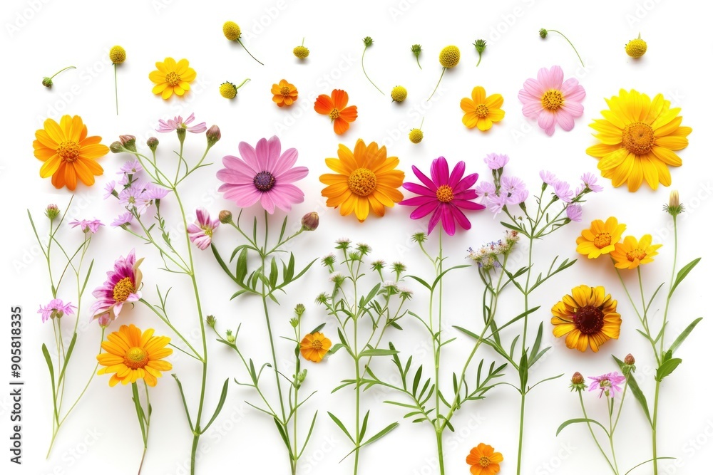 A collection of colorful flowers arranged on a white surface A collection of colorful flowers arranged on a white surface