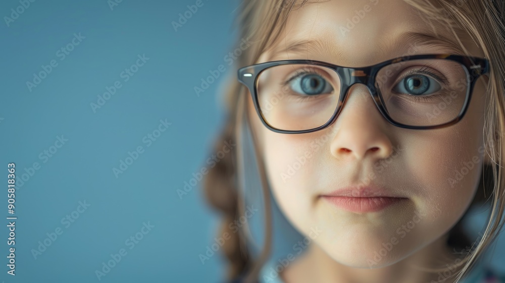Young girl with glasses, blue eyes, and braided hair stares intently Young girl with glasses, blue eyes, and braided hair stares intently
