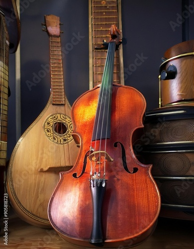 violin and bow with a mandolin on a shlef photo