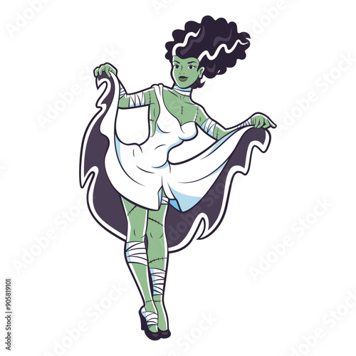 Vector Beautiful Monster Bride Cartoon Pin Up Retro Style Illustration Isolated