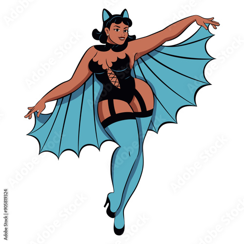 Vector Beautiful Bat Girl Cartoon Pin Up Retro Style Illustration Isolated