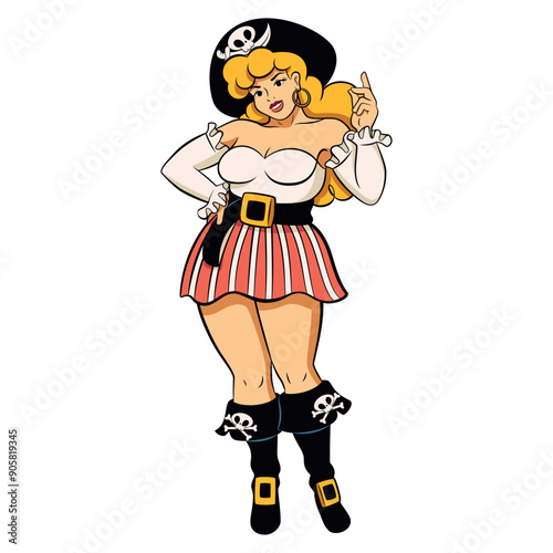 Vector Beautiful Pirate Girl Cartoon Pin Up Retro Style Illustration Isolated