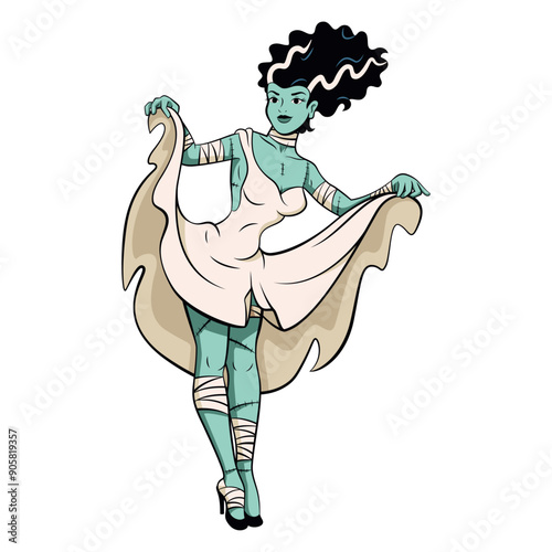 Vector Beautiful Monster Bride Cartoon Pin Up Retro Style Illustration Isolated