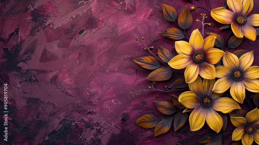 Abstract floral background with yellow flowers on a rich purple textured background. Abstract floral background with yellow flowers on a rich purple textured background.