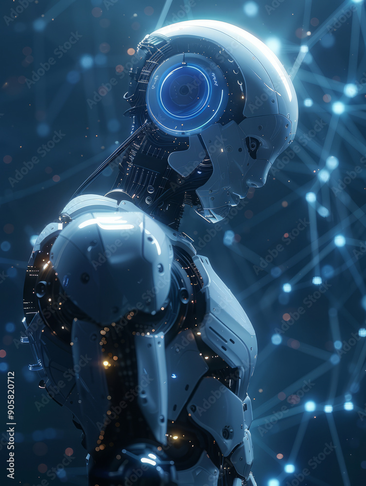 Robot in deep thought, glowing blue eyes, on a dark blue background.generative ai