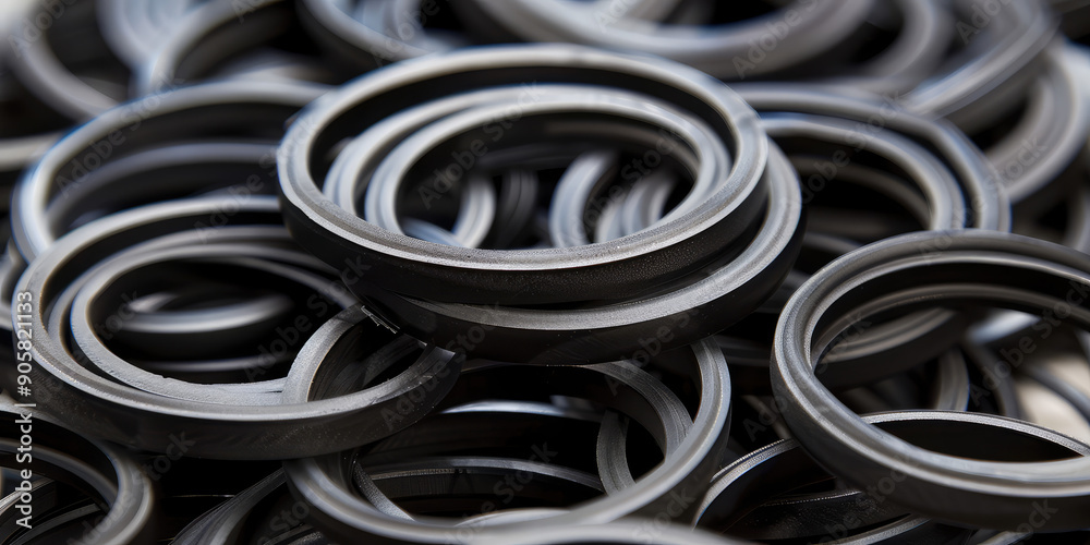 Close-up of lots of high-quality rubber gaskets, black essential component for automotive and machinery, auto parts store Close-up of lots of high-quality rubber gaskets, black essential component for automotive and machinery, auto parts store