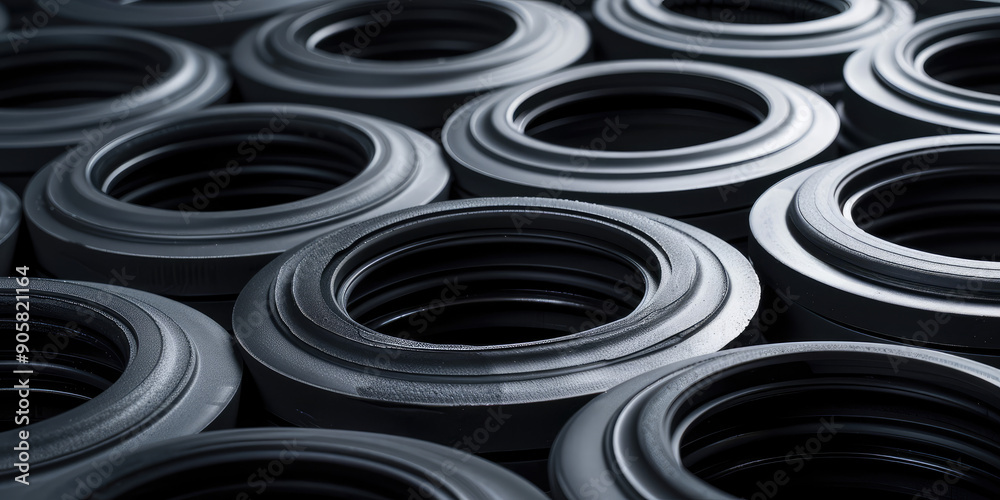 Close-up of lots of high-quality rubber gaskets, black essential component for automotive and machinery, auto parts store Close-up of lots of high-quality rubber gaskets, black essential component for automotive and machinery, auto parts store