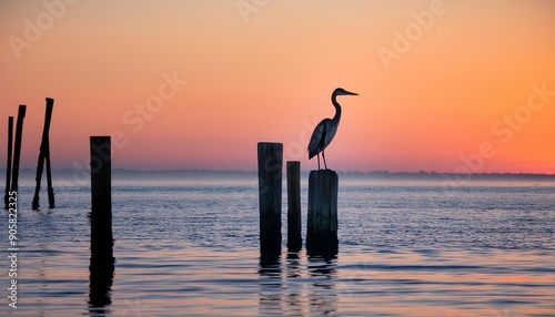 heron perching on a piling at sunrise on the chesapeake bay in chesapeake beach calvert county maryland usa photo