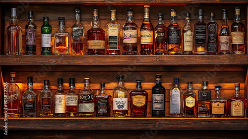 Bar shelves filled with generic liqour bottles lined up background wallpaper