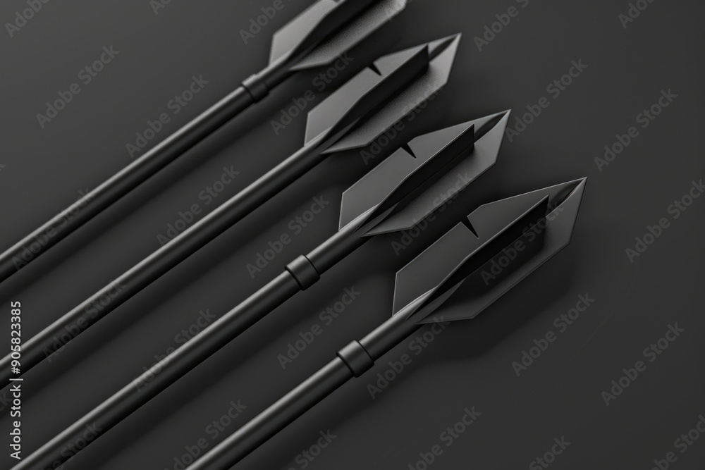A group of arrows sit on top of a table, ready for use or display A group of arrows sit on top of a table, ready for use or display