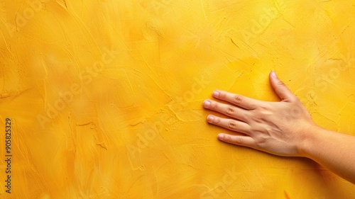 Hand touching textured yellow wall, expressing sensory experience