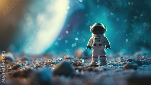 Miniature astronaut figure in spacesuit on rocky surface with blurry cosmic background photo