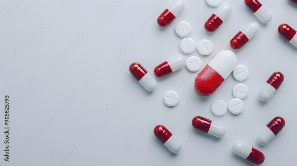 White and red capsules white tablets on gray background White and red capsules white tablets on gray background