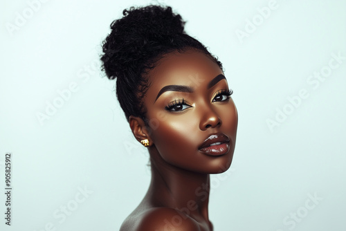 Beautiful black woman posing for a beauty photo against a white background