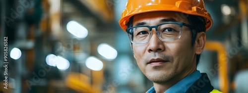 Professional Asian Engineer Examining Blueprints. Engineering concept
