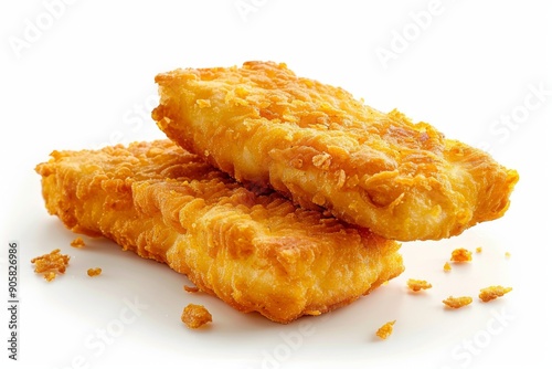 Golden Crispy Fried Fish Fingers Macro View on White Background - Irresistible Appetizing Bite for Food Enthusiasts and Bloggers.
