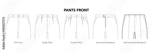 Set of Pants Front details - Flat, Single Double Pleat, Self Extended Waistband styles technical fashion illustration. Flat apparel template. Women, men unisex CAD mockup isolated on white background