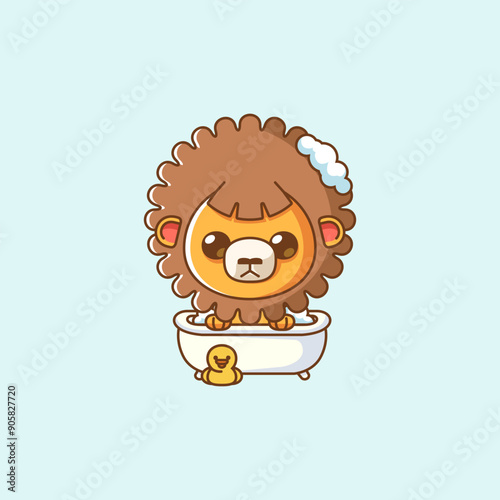 Cute bathing lion time in bathtub kawaii chibi character mascot illustration outline style design