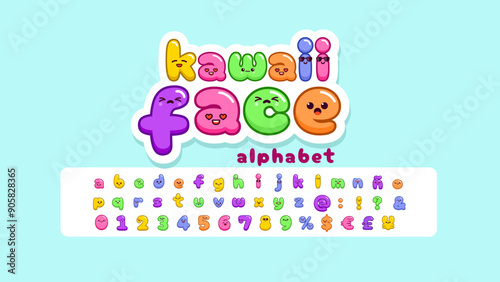 Kawaii cute faces, Kawaii emoticons, adorable characters alphabet. Lowercase Letters, vector font