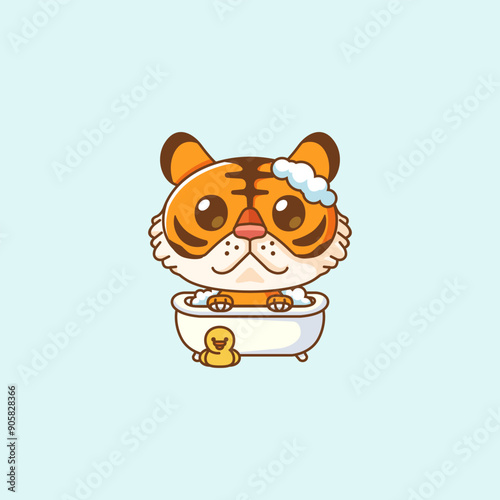 Cute bathing tiger time in bathtub kawaii chibi character mascot illustration outline style design