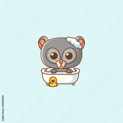 Cute black bear bathing time in bathtub kawaii chibi character mascot illustration outline style design