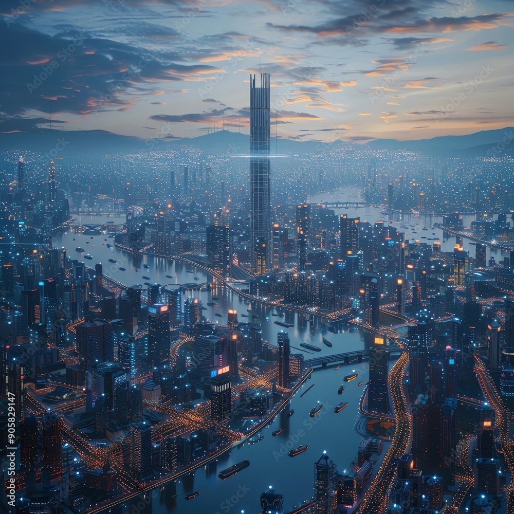 Fototapeta premium wide-angle view of a bustling city skyline seamlessly integrated with IoT devices, glowing with a futuristic vibe, using photorealistic digital rendering techniques