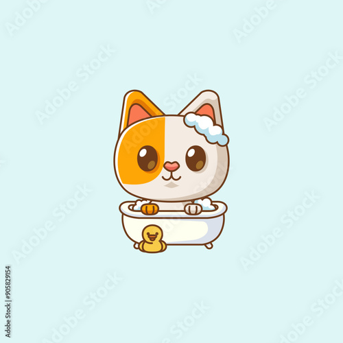 Cute cat bathing time in bathtub kawaii chibi character mascot illustration outline style design