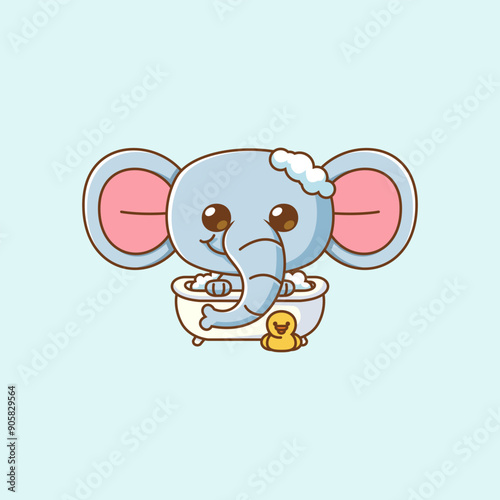 Cute elephant bathing time in bathtub kawaii chibi character mascot illustration outline style design