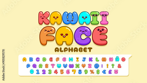 Kawaii cute faces, Kawaii emoticons, adorable characters alphabet. Uppercase Letters, vector font.