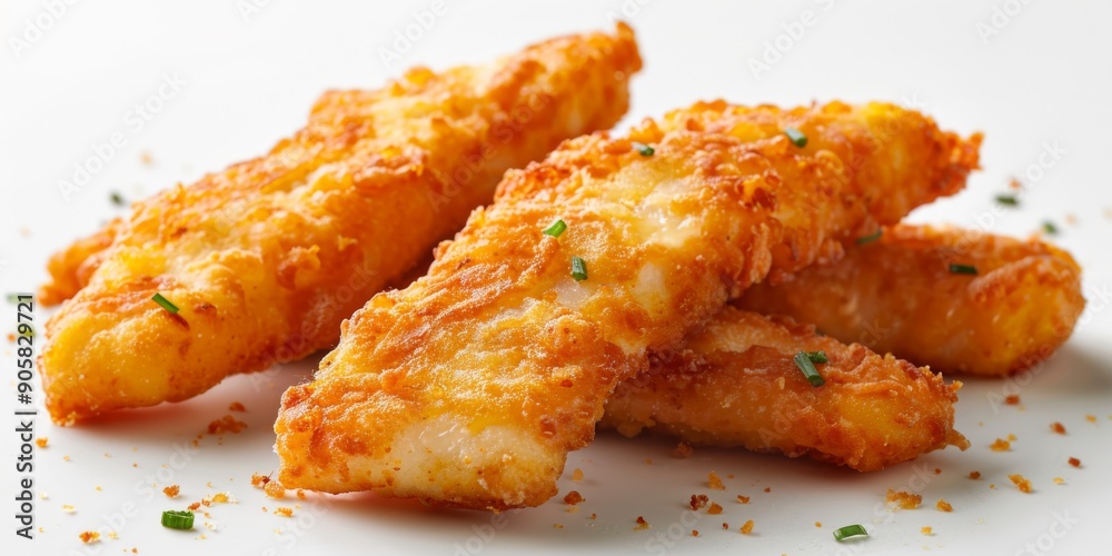 Golden Crispy Fried Fish Fingers Macro View on White Background - Irresistible Appetizing Bite for Food Enthusiasts and Bloggers. Golden Crispy Fried Fish Fingers Macro View on White Background - Irresistible Appetizing Bite for Food Enthusiasts and Bloggers.