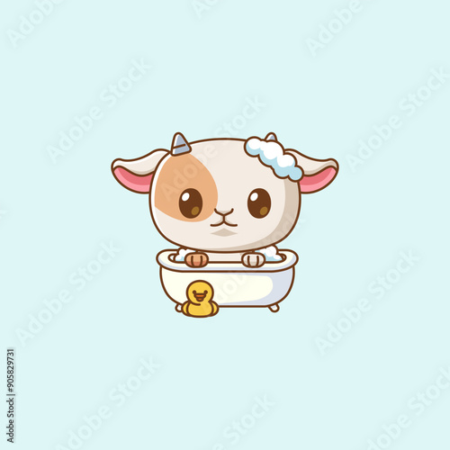 Cute goat bathing time in bathtub kawaii chibi character mascot illustration outline style design