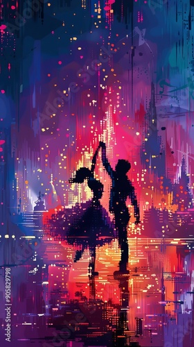 A vibrant, colorful painting of a couple dancing under sparkling lights in a dreamy, magical setting. Perfect for digital art themes.