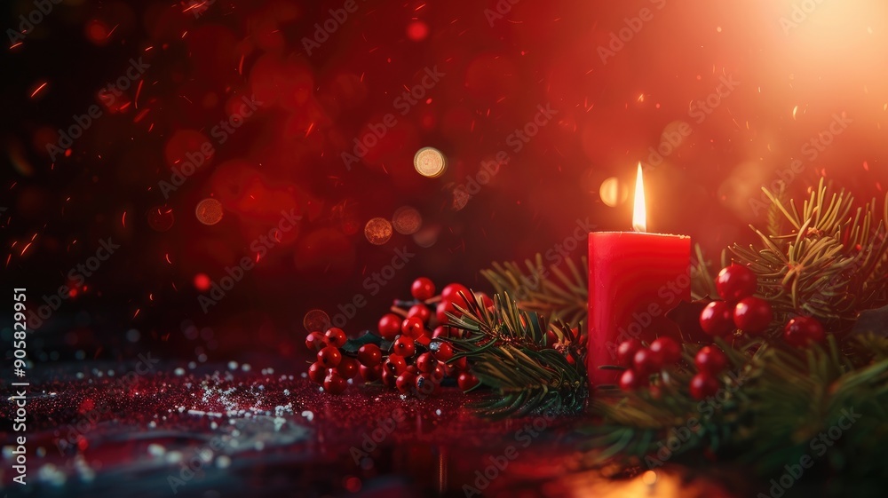 Burning red candle beside festive berries and pine leaves with sparkles in warm, cozy atmosphere Burning red candle beside festive berries and pine leaves with sparkles in warm, cozy atmosphere