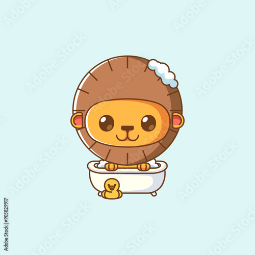 Cute lion bathing time in bathtub kawaii chibi character mascot illustration outline style design