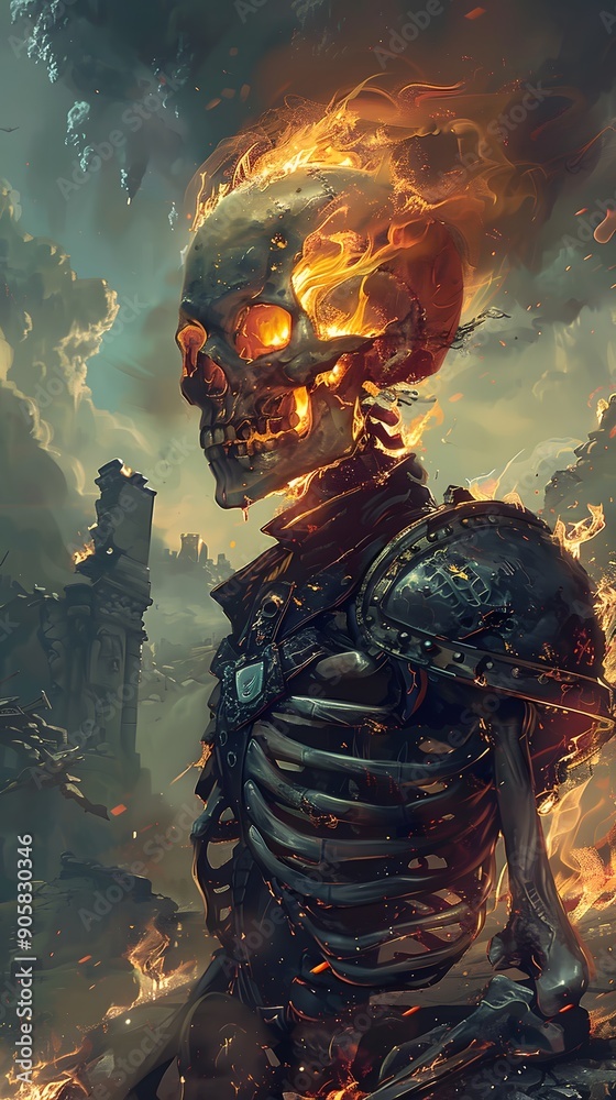 Naklejka premium Skeleton with fire eyes and an evil helmet in front of ancient ruins and dark clouds.