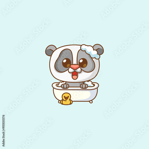 Cute panda bathing time in bathtub kawaii chibi character mascot illustration outline style design