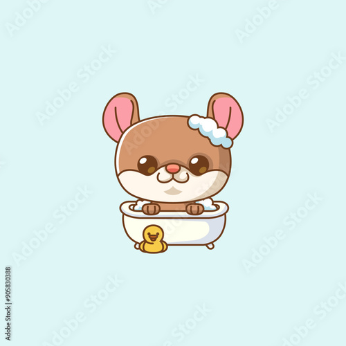 Cute mouse bathing time in bathtub kawaii chibi character mascot illustration outline style design