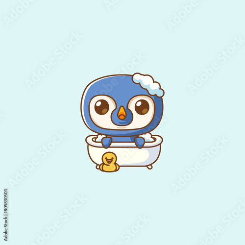 Cute penguin bathing time in bathtub kawaii chibi character mascot illustration outline style design
