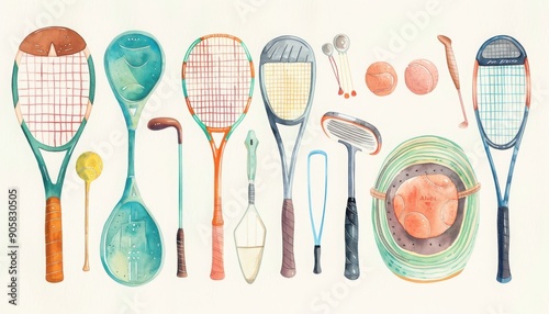 A colorful illustration of various tennis and sports equipment, showcasing unique designs and vibrant colors for a playful look.