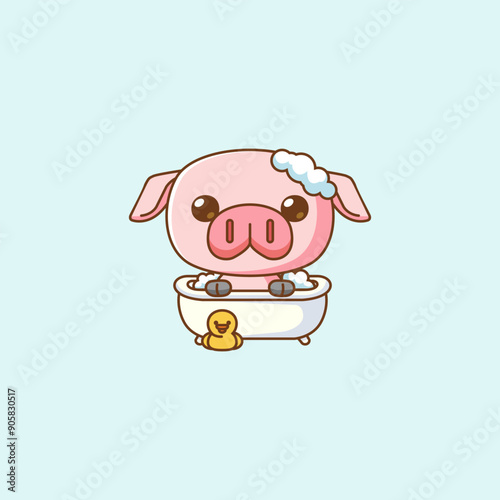 Cute pig bathing time in bathtub kawaii chibi character mascot illustration outline style design