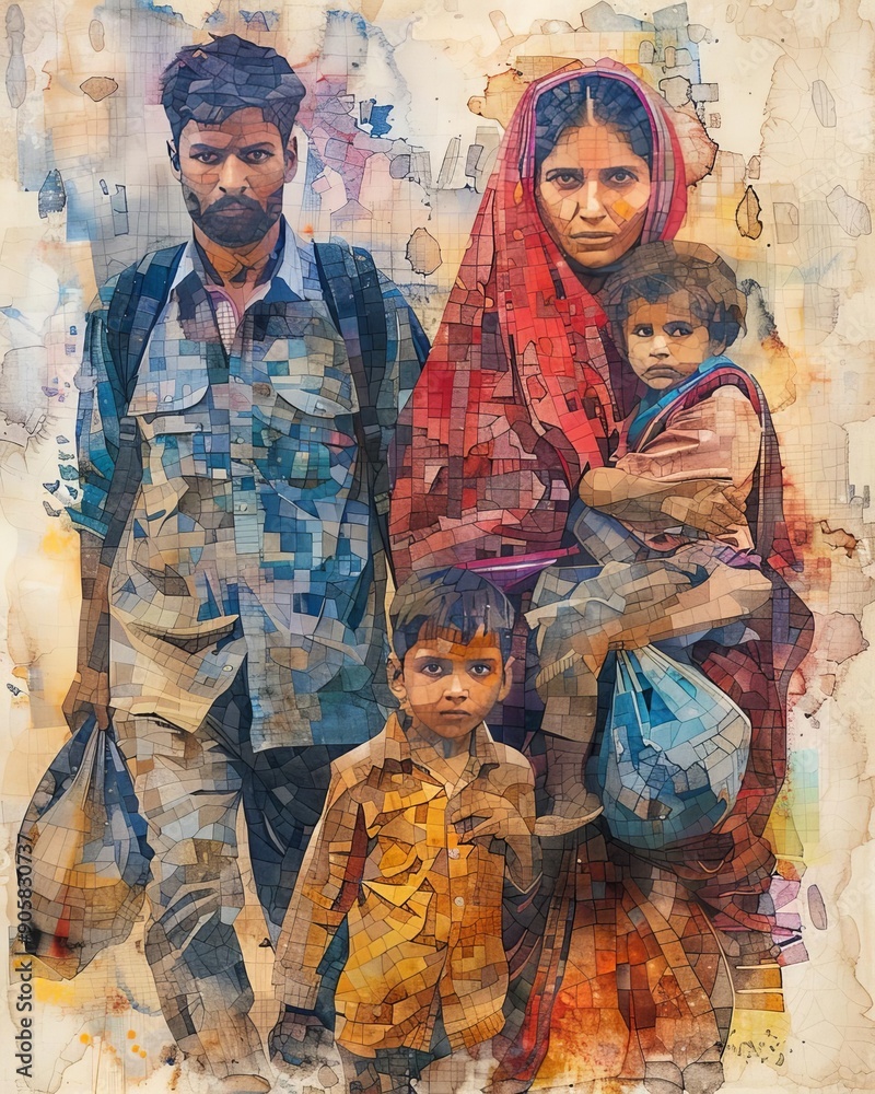 Fototapeta premium Artistic family portrait of four, showcasing cultural attire, vibrant colors, and emotional expressions.