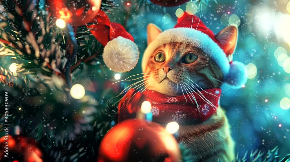 a festive wallpaper featuring cute cat dressed in Santa hats and scarves, christmas decoration tree. seamless looping time-lapse virtual 4k video animation background