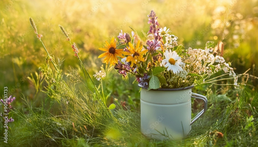 summer background wild flowers and herbs in old metal mug on meadow sunny natural background useful medicinal plants harvest for treatment products beautiful image of wild nature copy space summer background wild flowers and herbs in old metal mug on meadow sunny natural background useful medicinal plants harvest for treatment products beautiful image of wild nature copy space